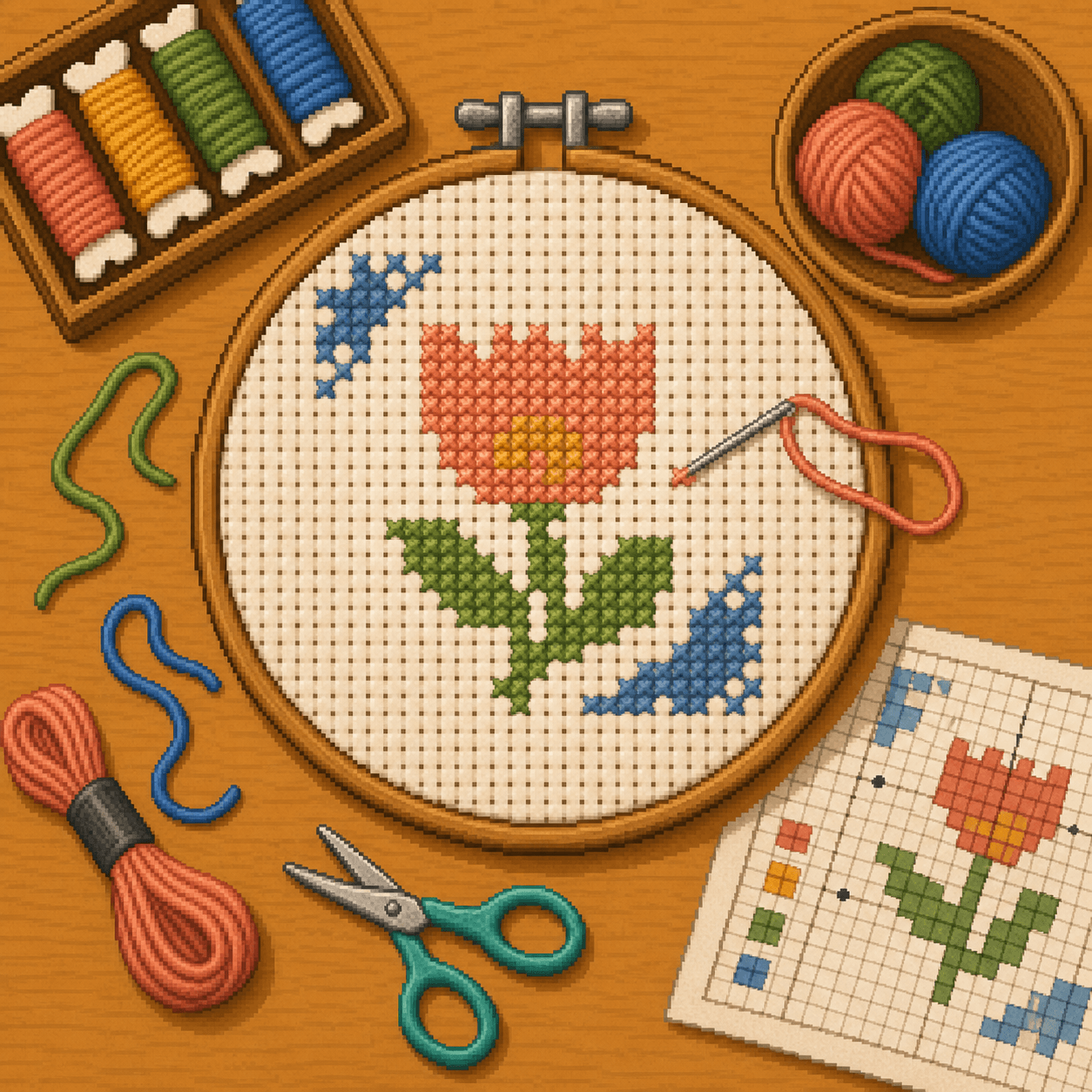 Pixel art cross stitch color blocks forming a small gridded design.