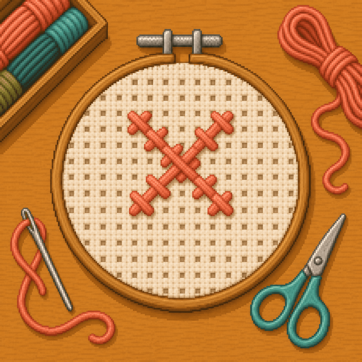 Pixel art completed X-shaped cross stitch on cream Aida cloth.