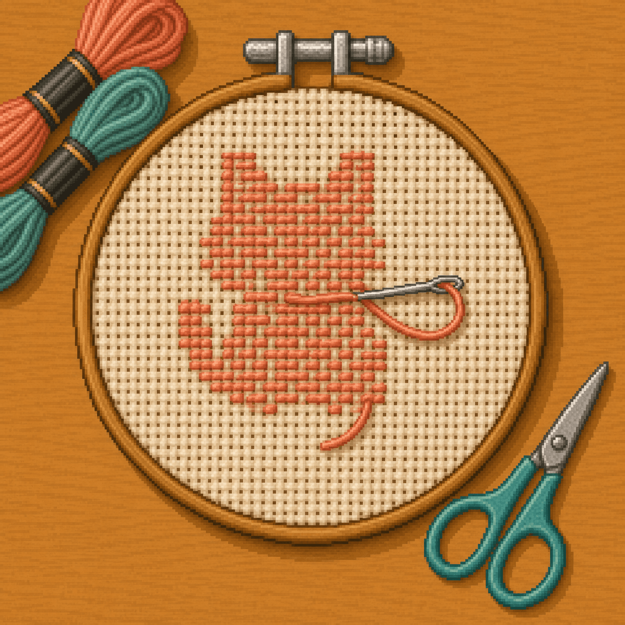 Pixel art embroidery floss ended under stitches on the back of Aida cloth.