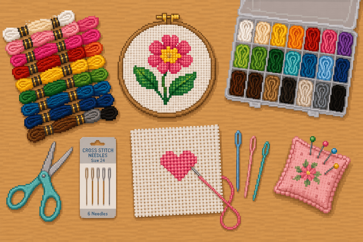 Pixel art cross stitch setup with a stitched design, floss, scissors, and needle.