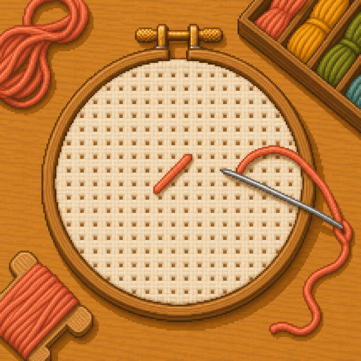 Pixel art first diagonal half stitch on cream Aida cloth.