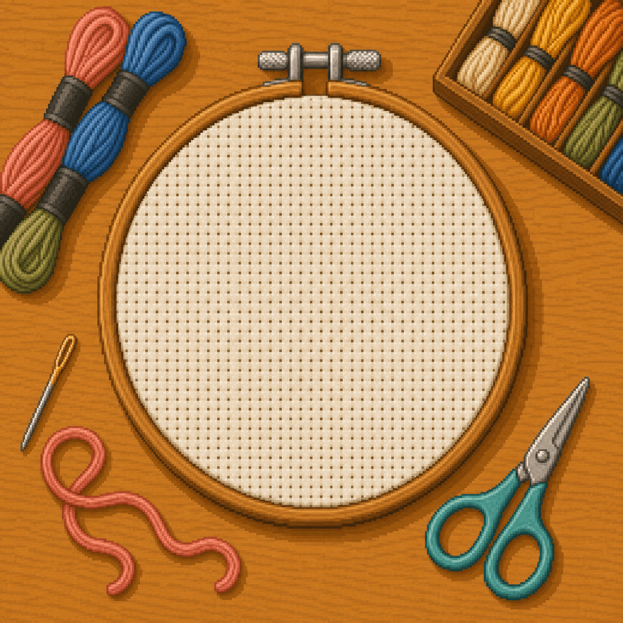 Pixel art Aida cloth tightened smoothly in a wooden embroidery hoop.
