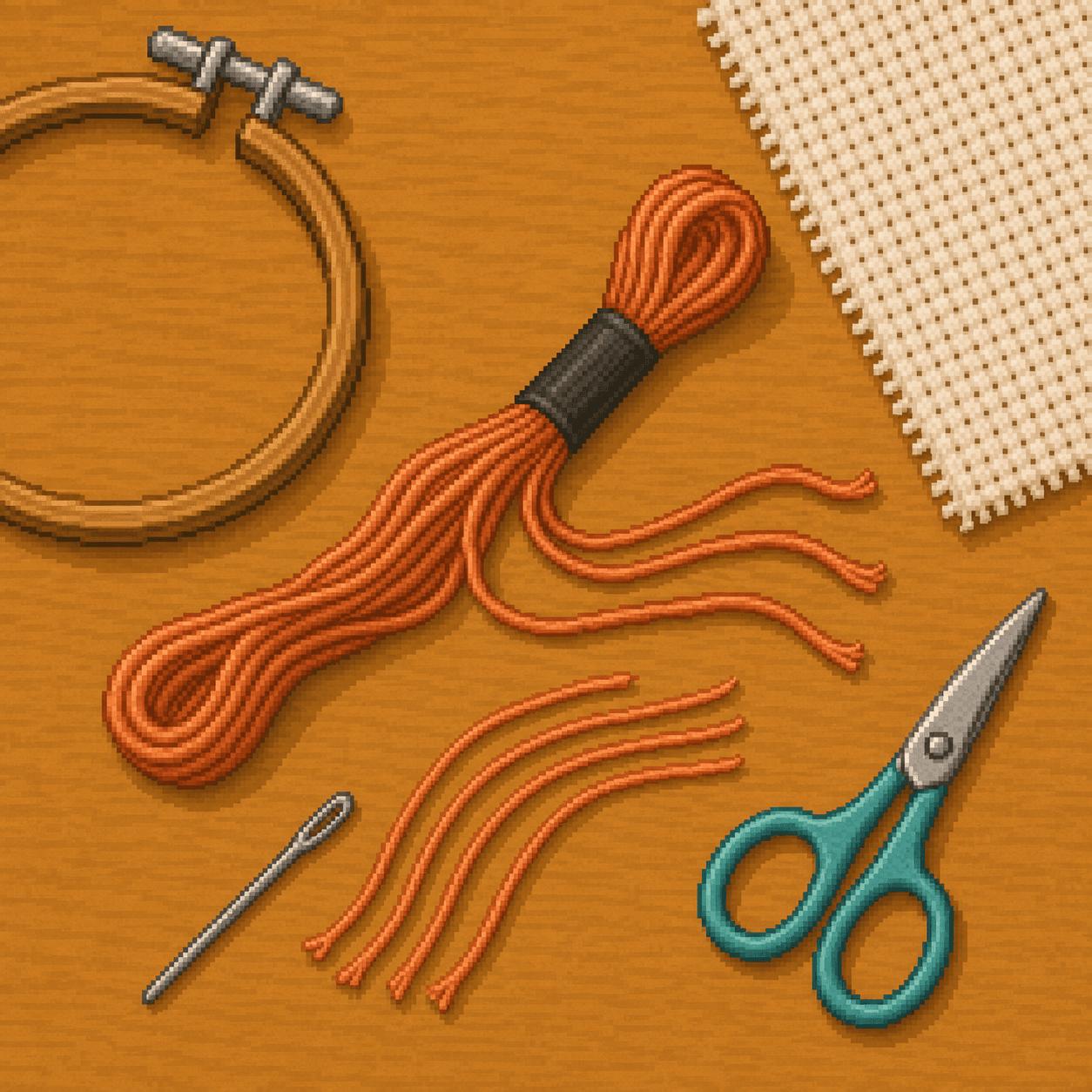 Pixel art embroidery floss separated into thinner strands for cross stitching.