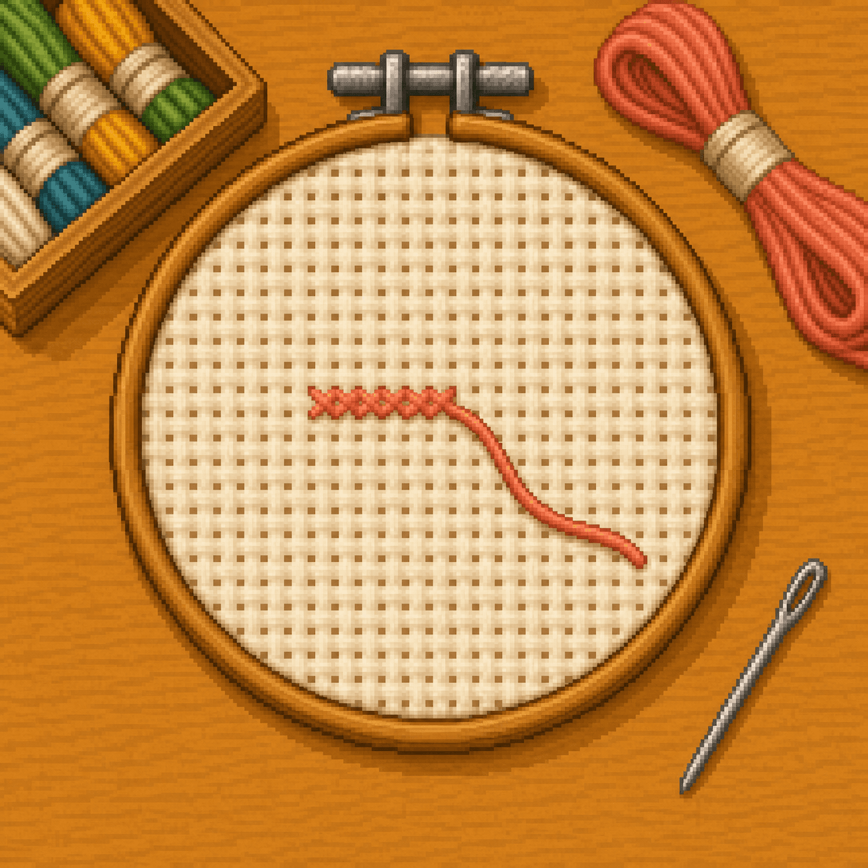Pixel art cross stitch thread started with a short tail on the back of Aida cloth.