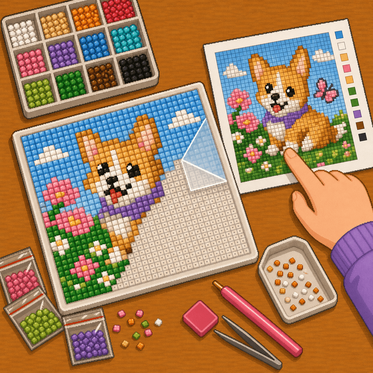 Pixel art partially completed diamond painting section being checked against an 8bit Crafts pattern before uncovering the next area.