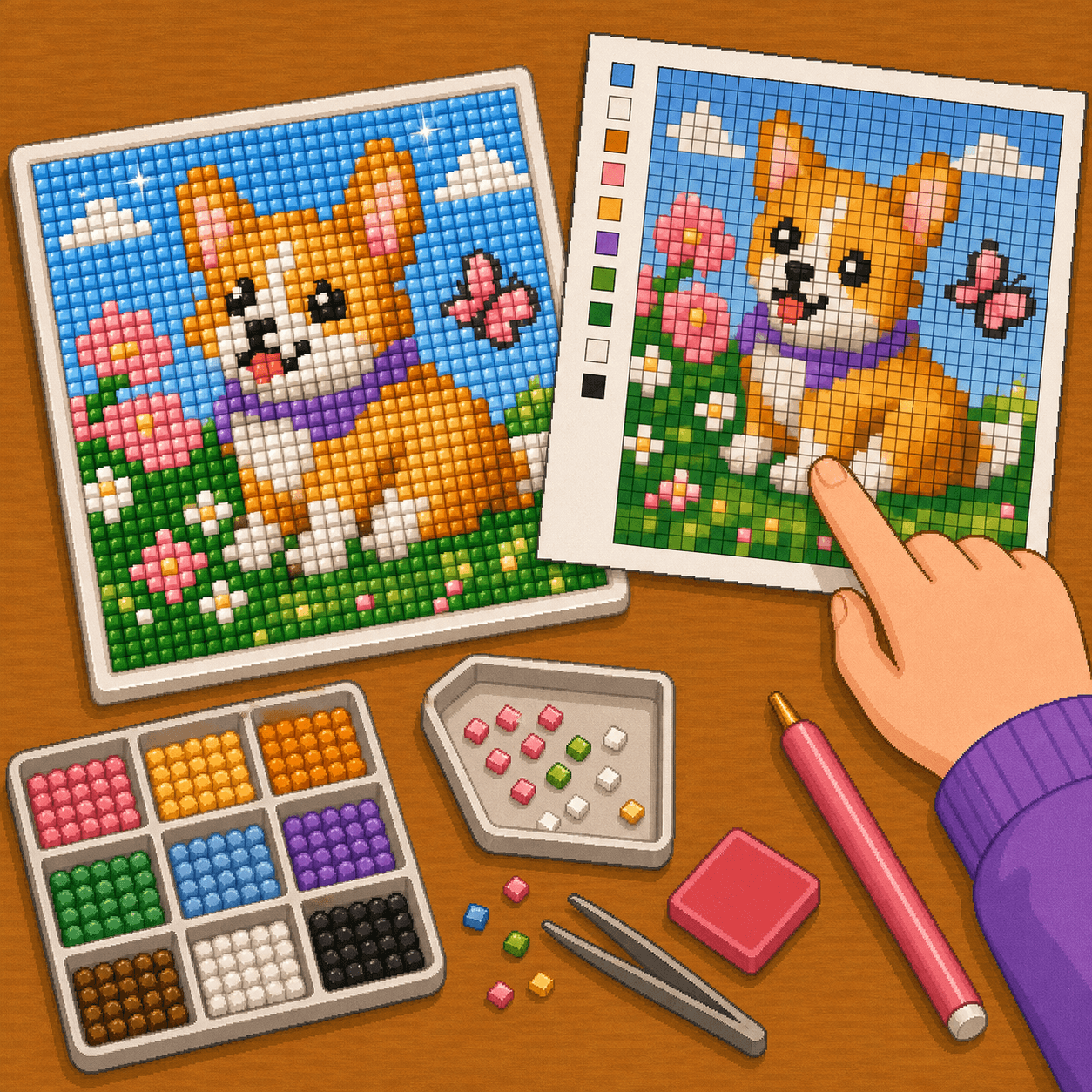 Pixel art finished square-drill diamond painting being checked against an 8bit Crafts pattern for missing drills and color placement.