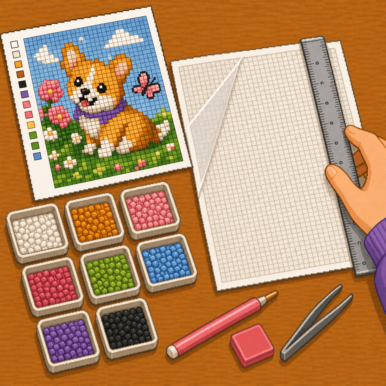 Pixel art ruler checking the size and guide grid on a blank diamond painting adhesive sheet beside an 8bit Crafts pattern.