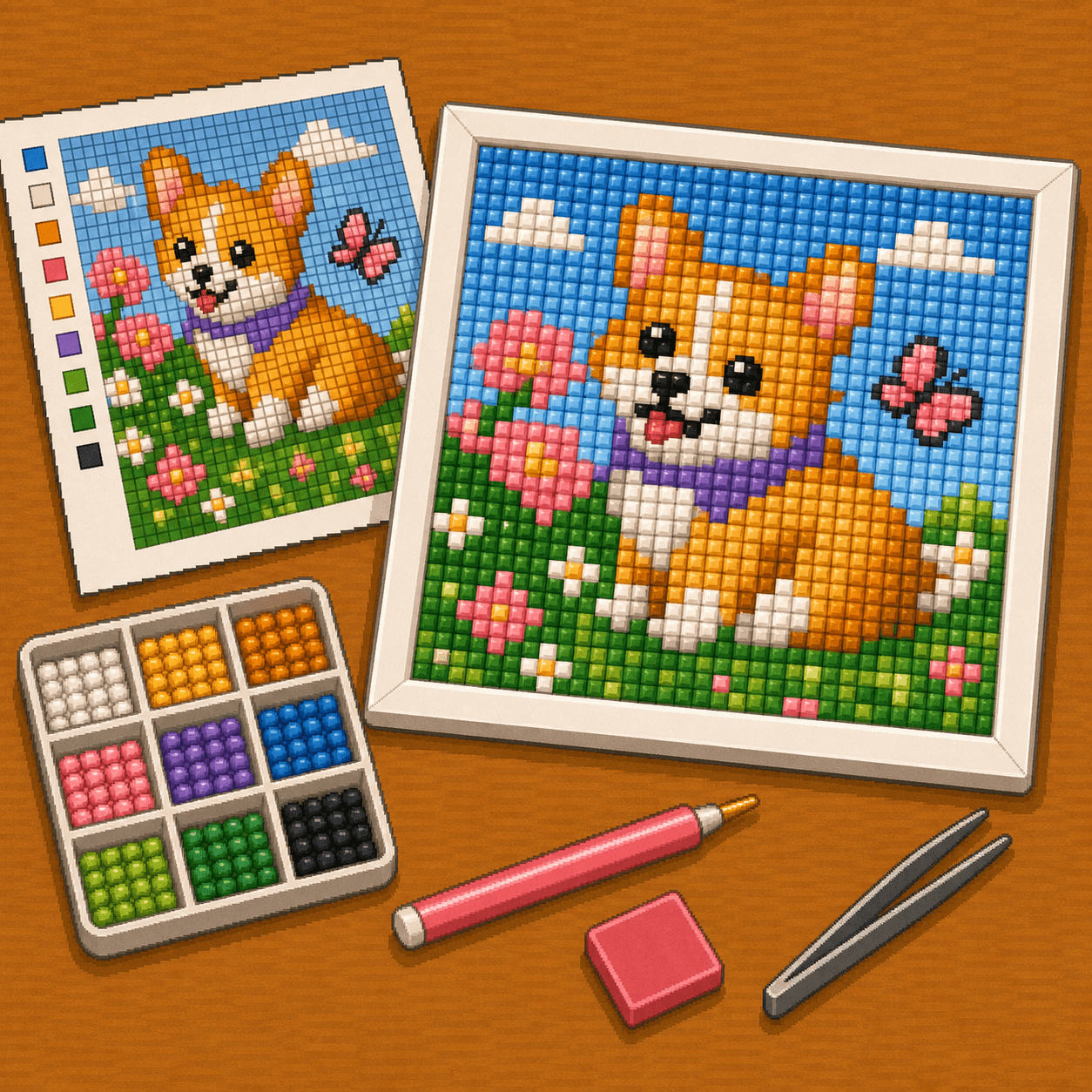 Pixel art completed square-drill diamond painting framed or mounted flat beside an 8bit Crafts pattern and tools.