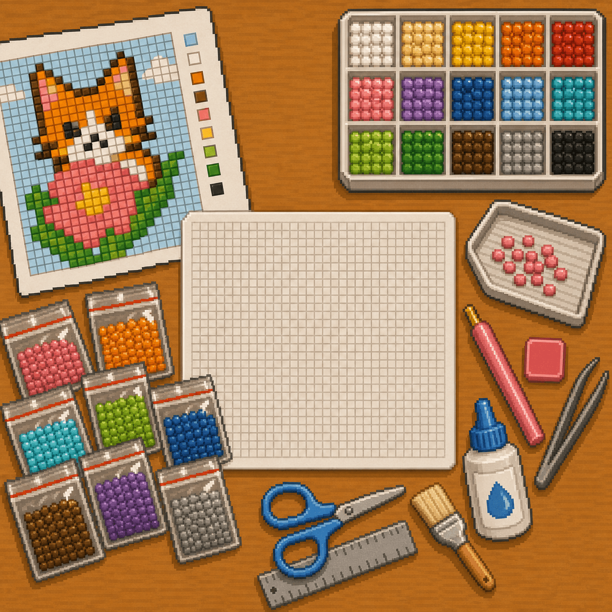 Pixel art diamond painting setup with an 8bit Crafts pattern, blank adhesive sheet, square drills, tray, pen, wax, and tweezers.