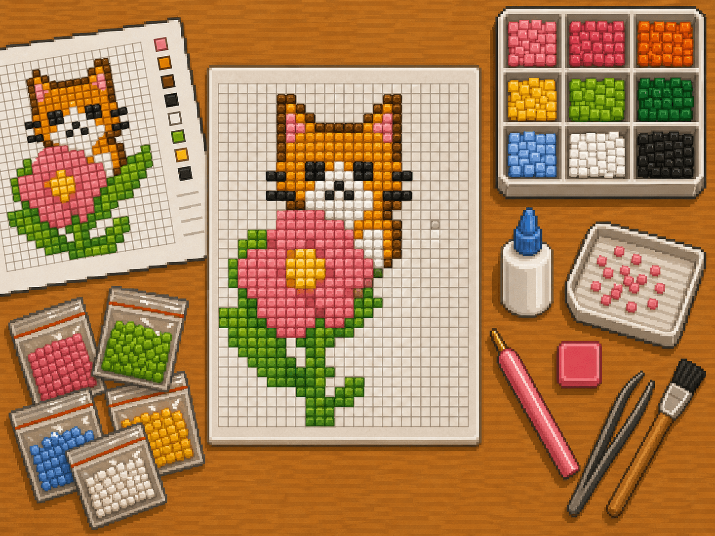 Pixel art diamond painting setup with an 8bit Crafts pattern, blank adhesive sheet, square drills, tray, pen, wax, and tweezers.