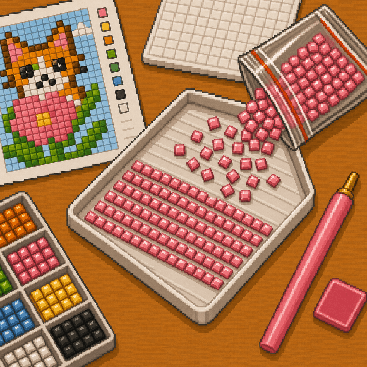 Pixel art square diamond painting drills lined up in a grooved tray beside an 8bit Crafts pattern.