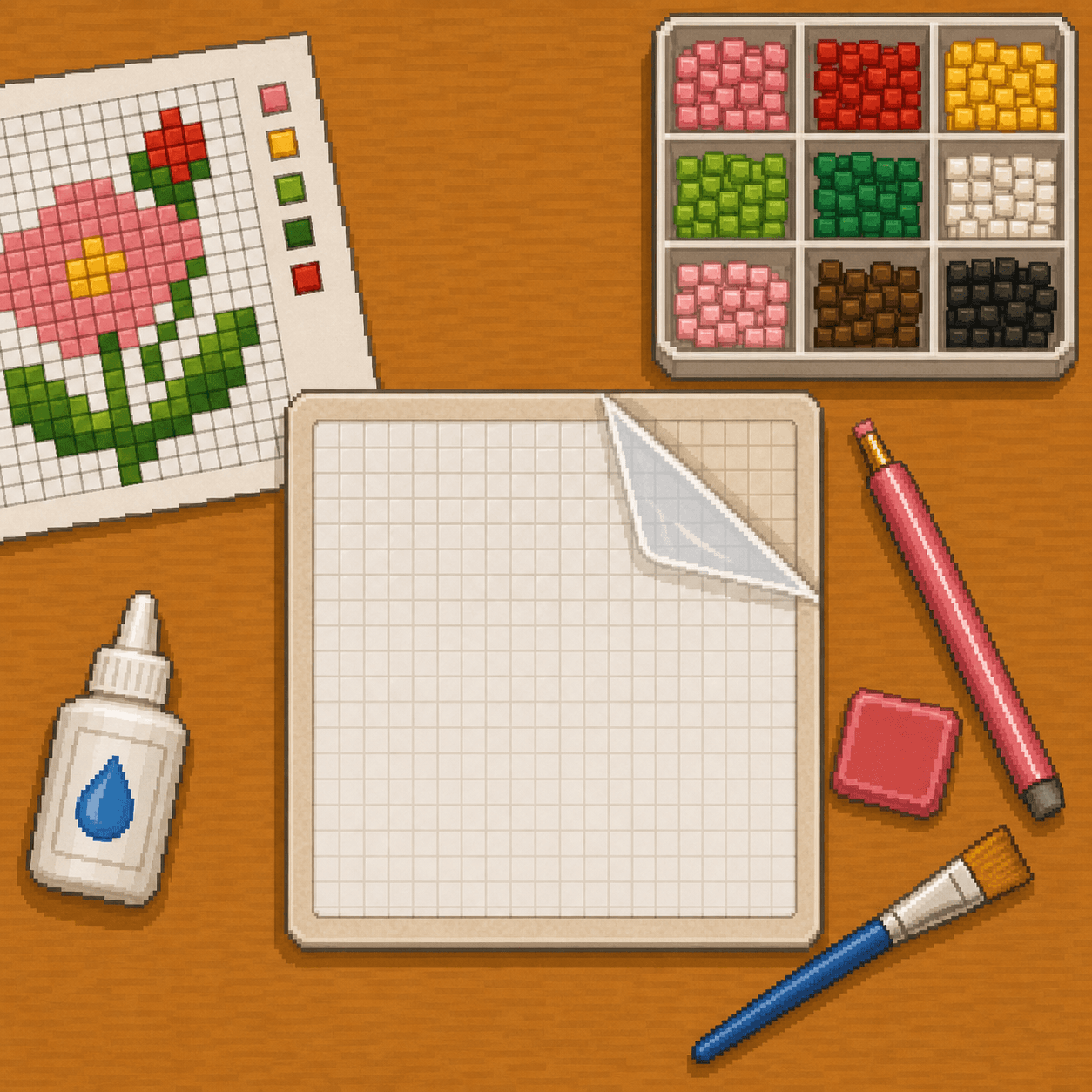 Pixel art blank diamond painting adhesive sheet with protective film peeled back beside an 8bit Crafts pattern.