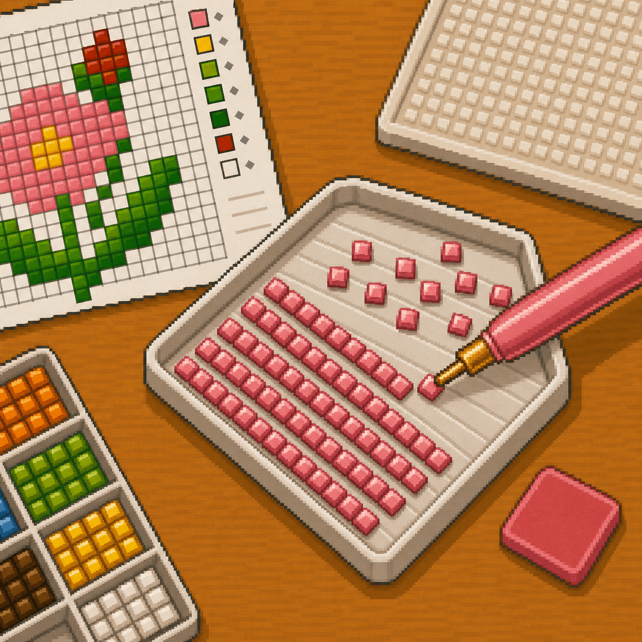 Pixel art diamond painting pen picking up one square resin drill from a grooved tray.