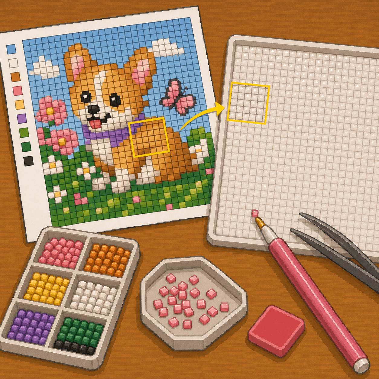Pixel art small section highlighted on an 8bit Crafts pattern beside the matching blank adhesive grid area.