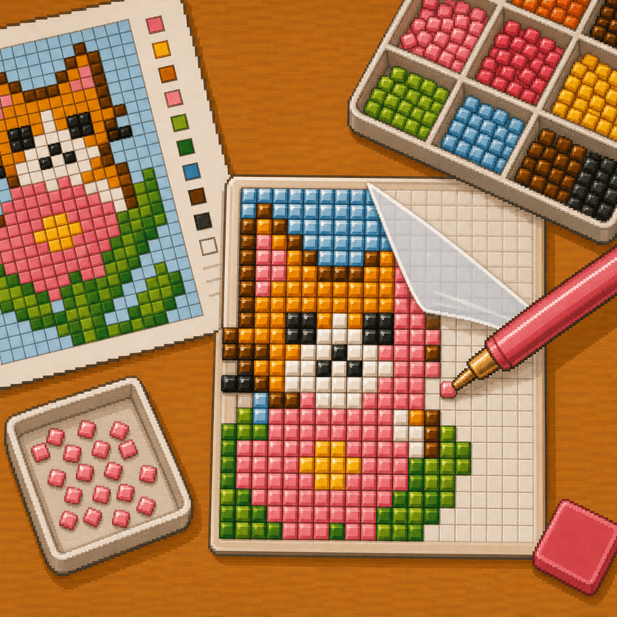 Pixel art diamond painting pen placing a square drill on a blank adhesive grid while following an 8bit Crafts pattern.