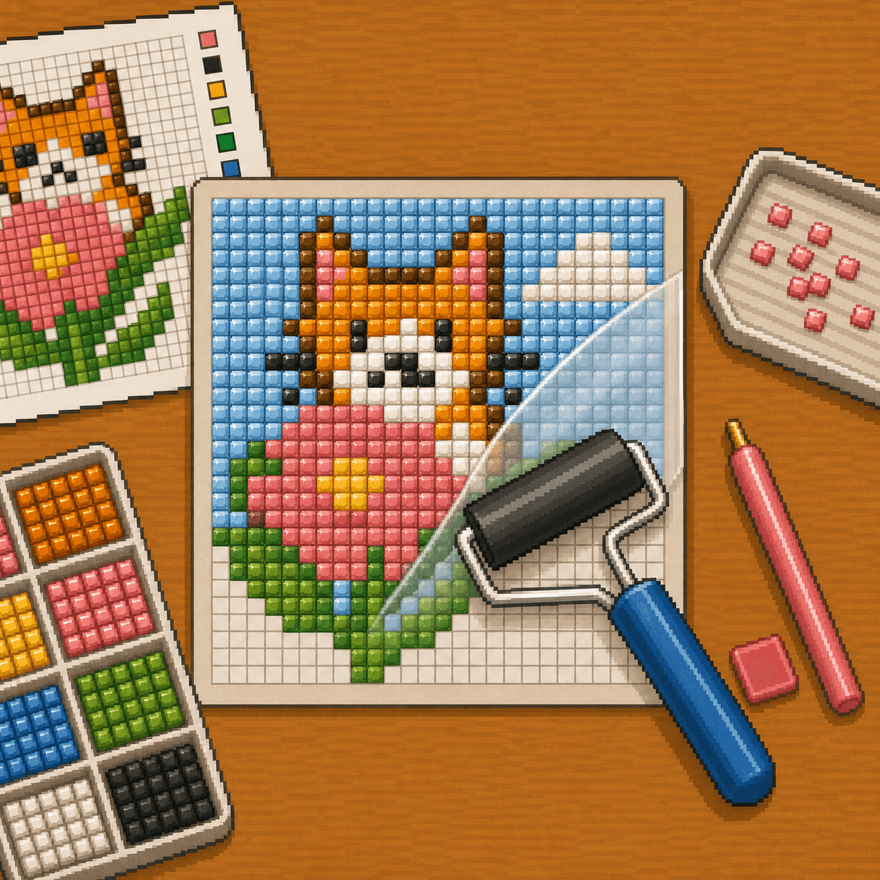 Pixel art completed square-drill diamond painting section being pressed with a roller over protective film.