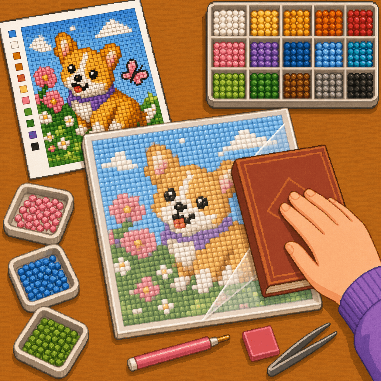 Pixel art full square-drill diamond painting covered with protective film and pressed evenly with a roller.
