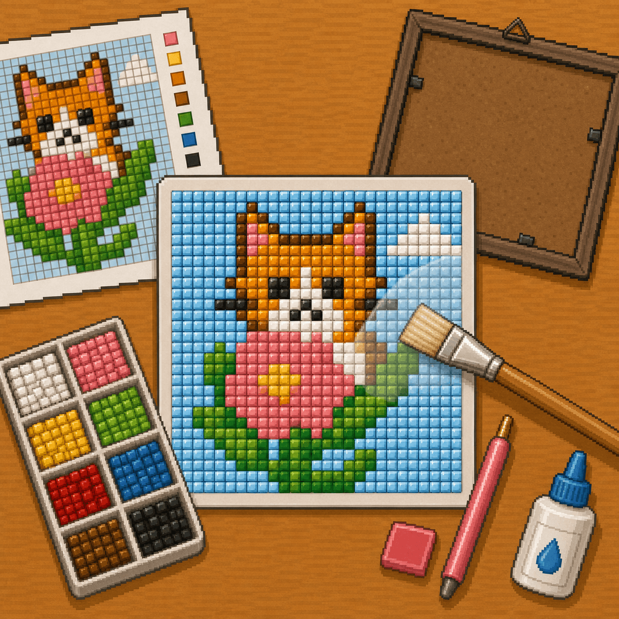 Pixel art completed square-drill diamond painting being sealed with a small brush.