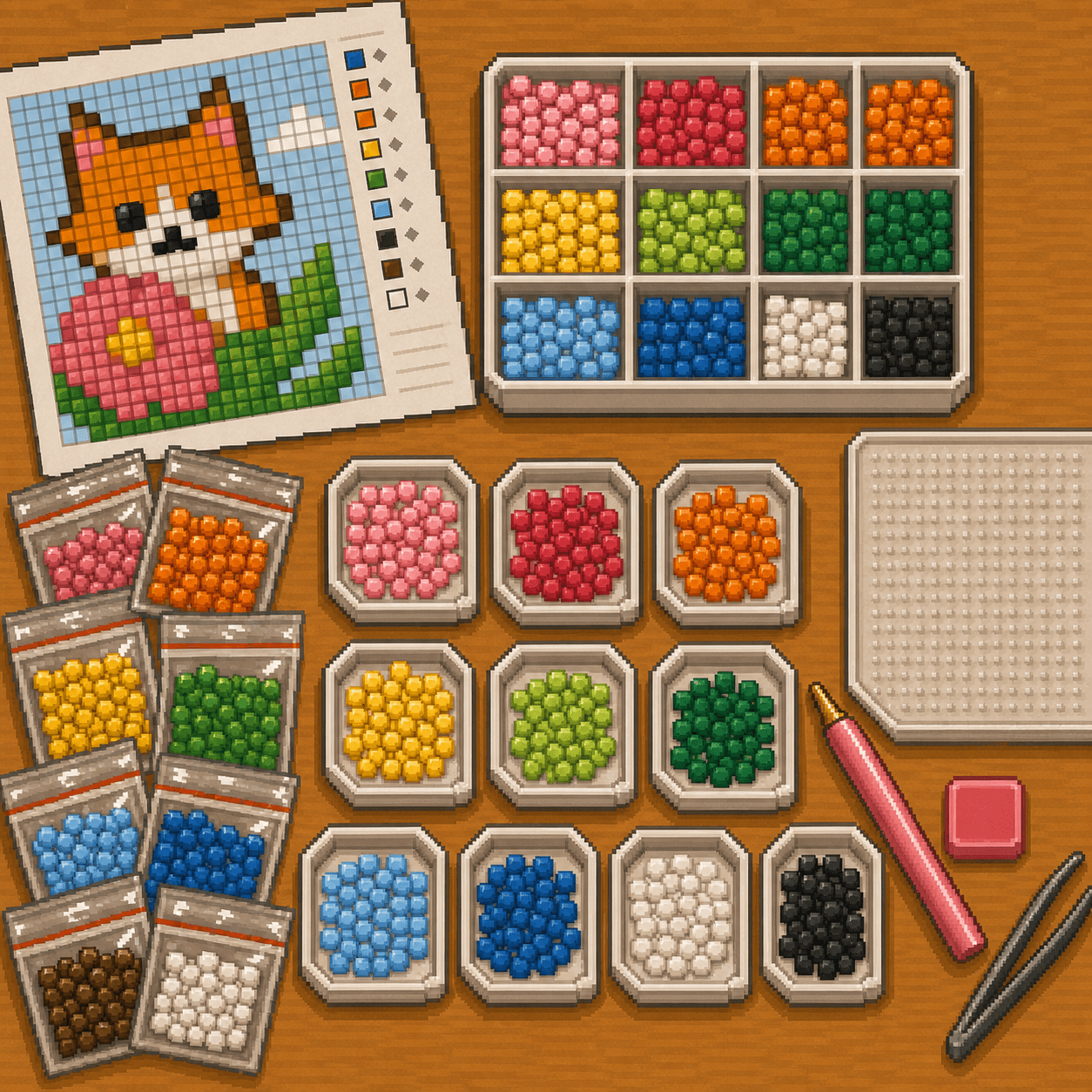 Pixel art sorted square diamond painting drills beside an 8bit Crafts pattern and blank adhesive sheet.