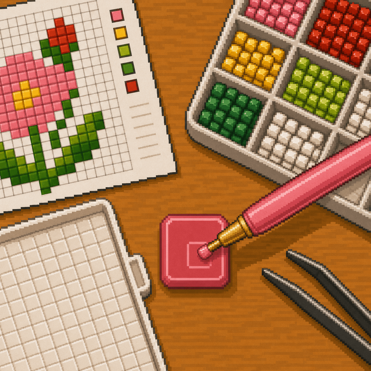 Pixel art diamond painting pen pressed into a pink wax pad.