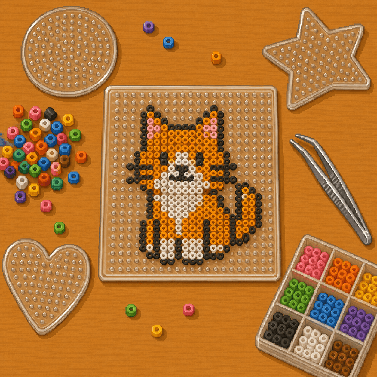 Pixel art clear fuse bead pegboards with loose colorful beads and tweezers.