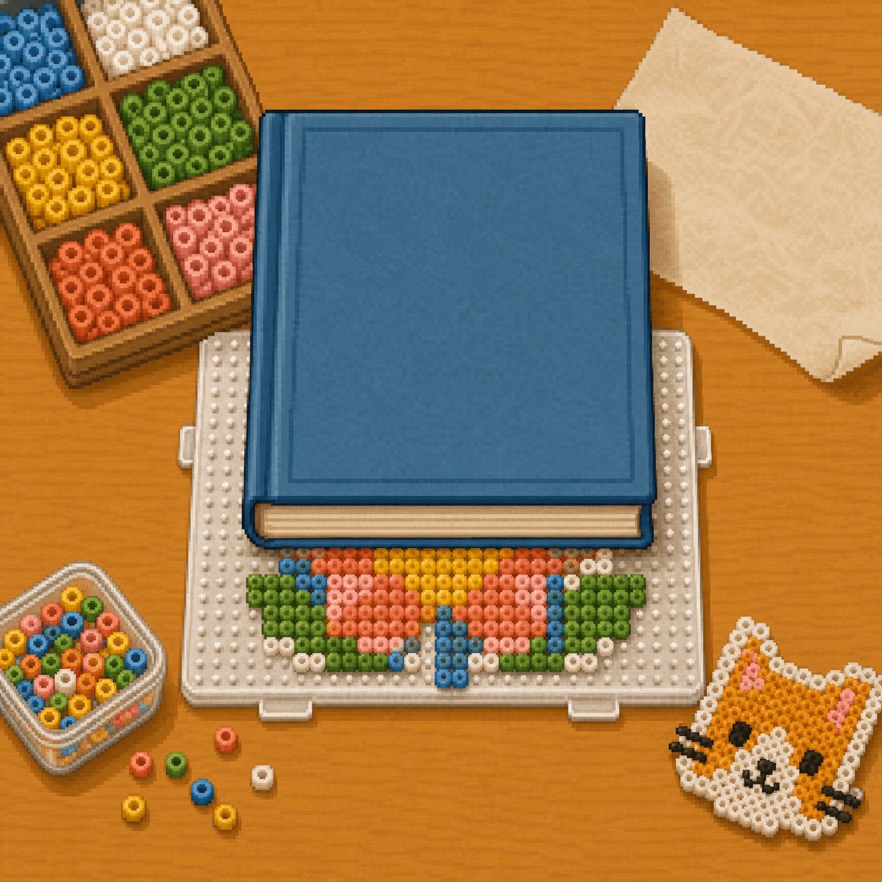 Pixel art fused bead design cooling under a flat weight on a wood table.