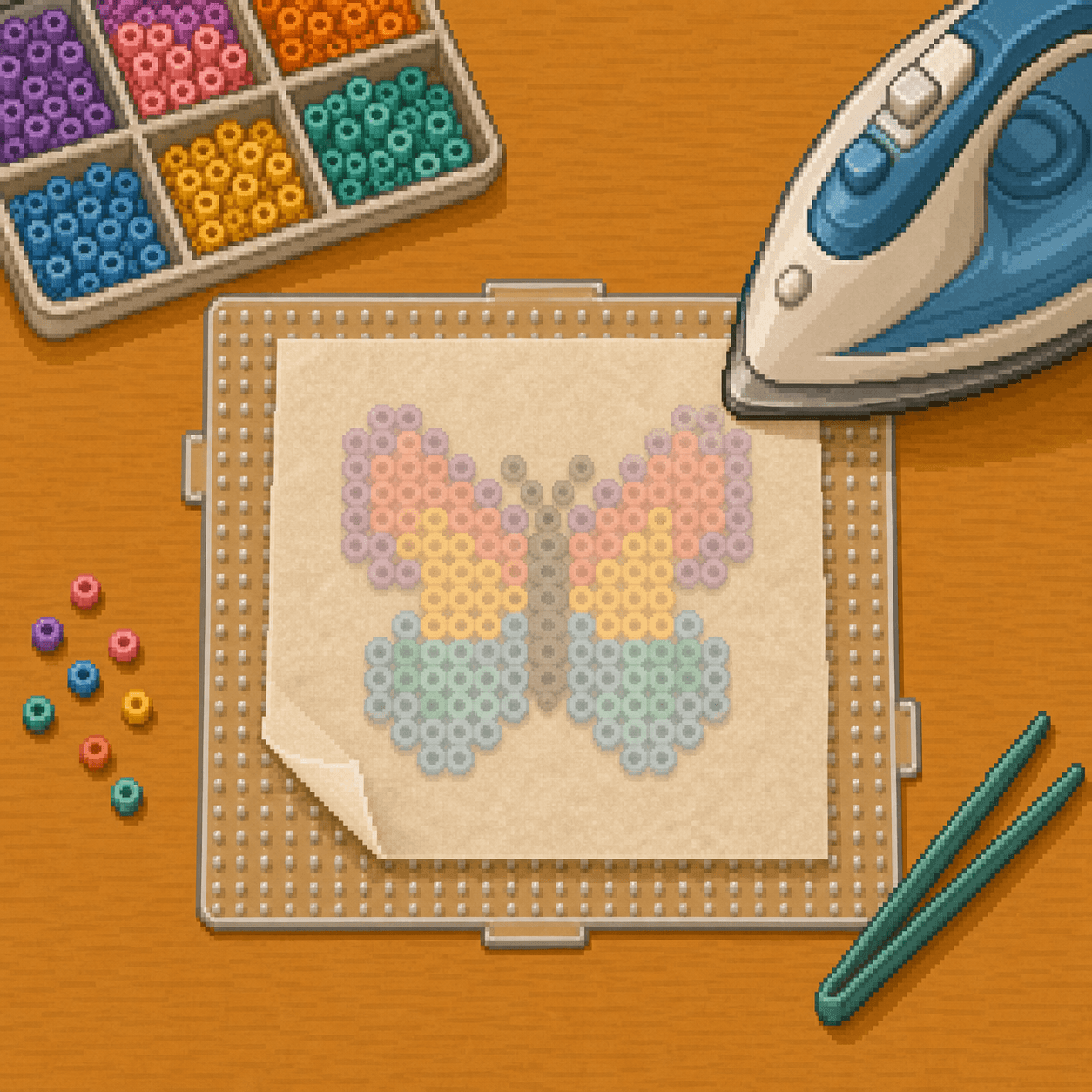 Pixel art parchment paper covering colorful fuse beads on a pegboard.