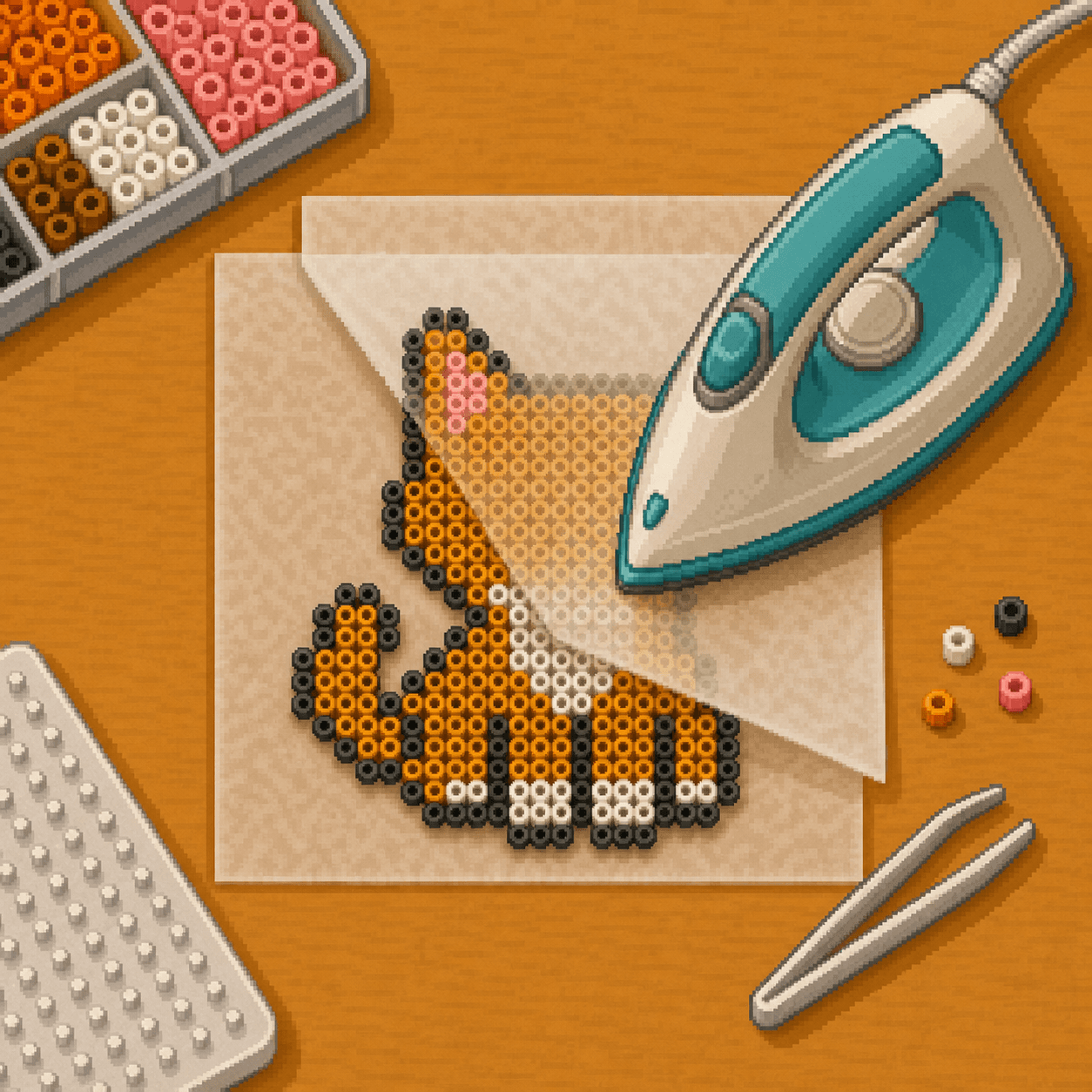 Pixel art back side of a fuse bead design being lightly fused with parchment and an iron.