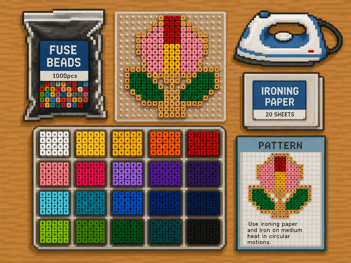 Pixel art fuse bead setup with a colorful pegboard design, beads, tweezers, parchment, and iron.