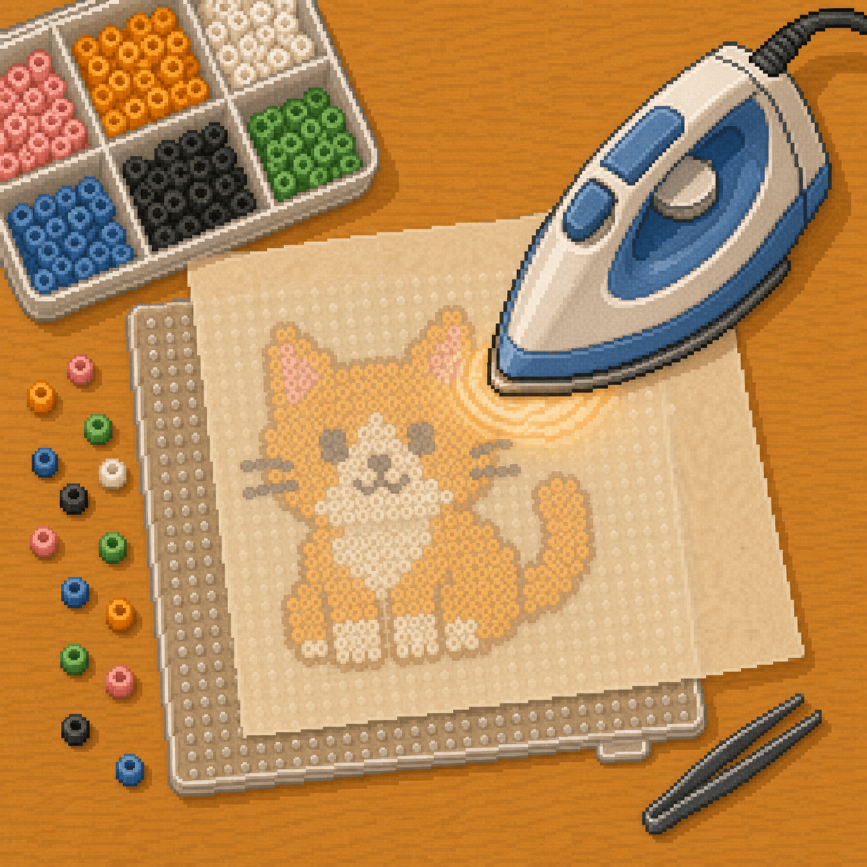 Pixel art iron over parchment paper on top of a fuse bead design.