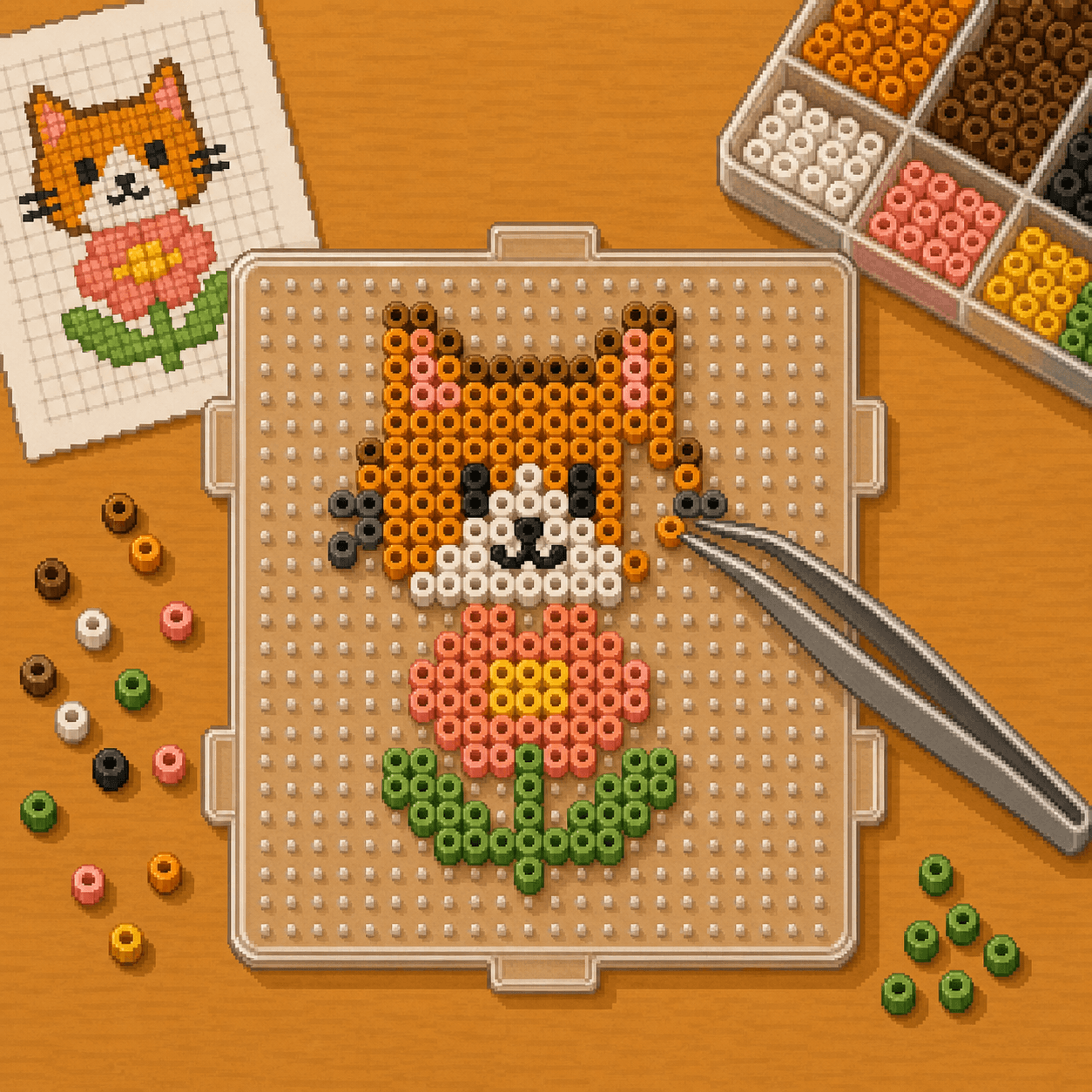 Pixel art tweezers placing colorful fuse beads on a clear pegboard.