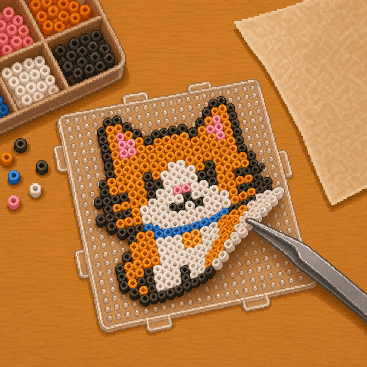 Pixel art fused bead design partly lifted from a clear pegboard.