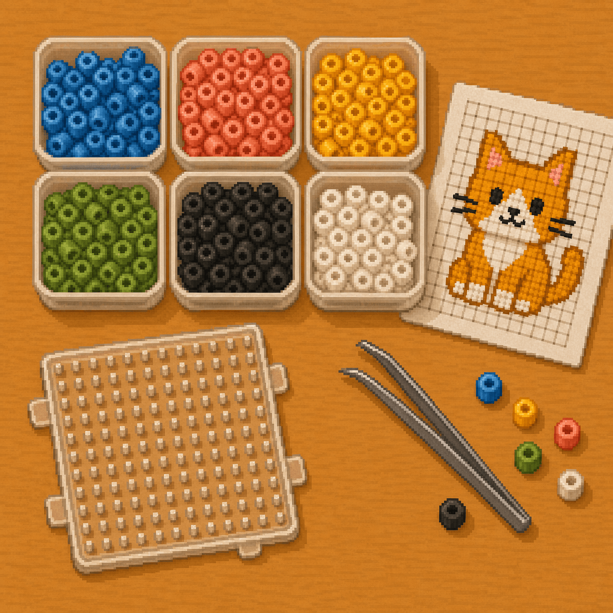 Pixel art sorted fuse bead colors in small containers beside a grid chart.