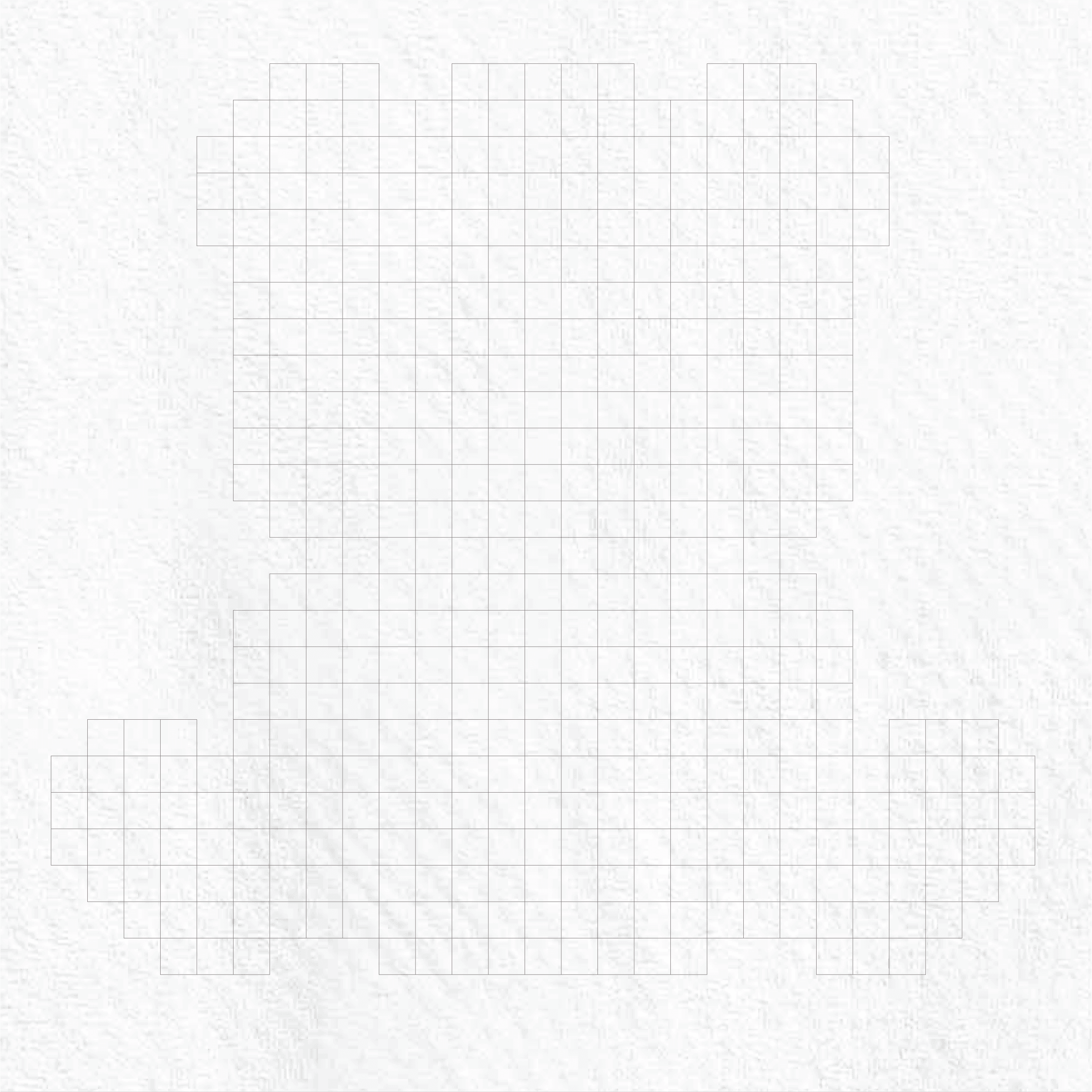 Paper surface with a gridded painted block project outline.