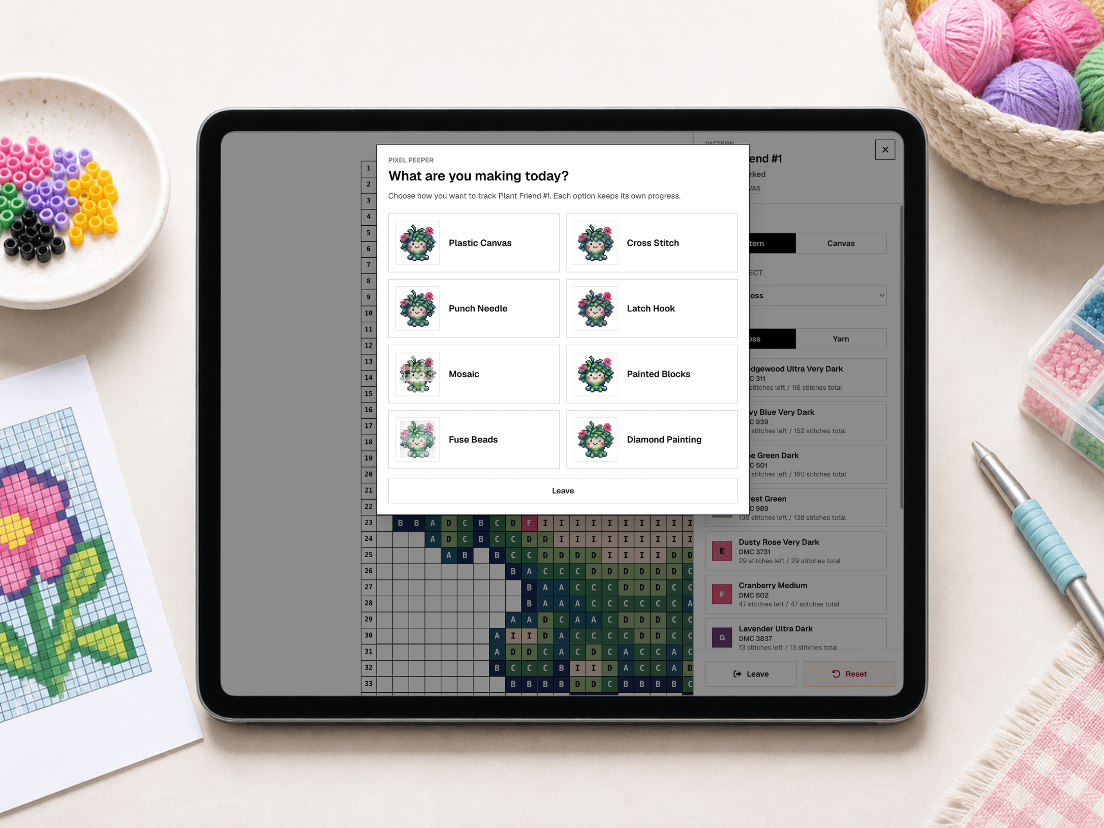 Pixel Peeper craft selection modal with Mosaic selected
