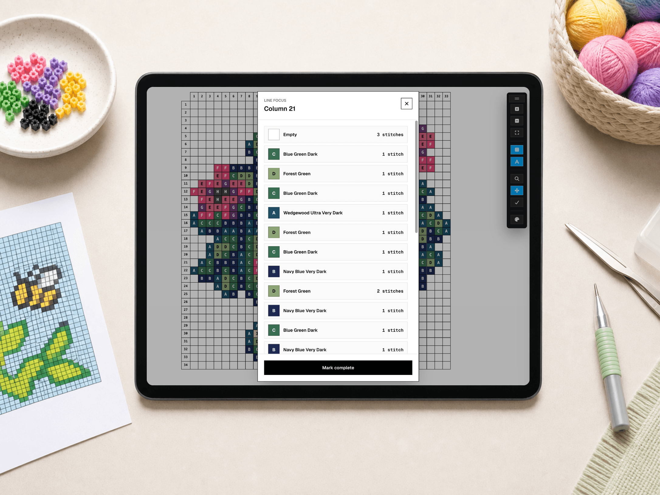 Pixel Peeper row summary modal with Mark complete button