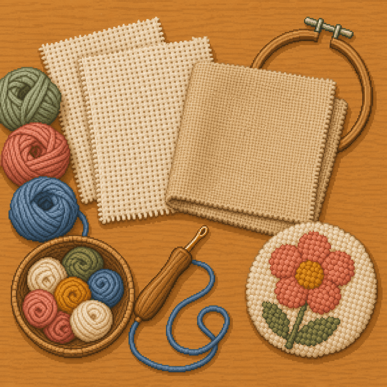 Pixel art punch needle fabric swatches arranged with yarn and a punch needle tool.