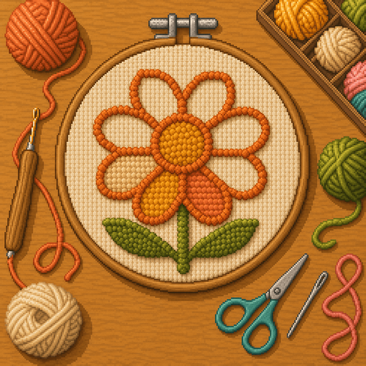 Pixel art outlined punch needle flower design partially filled with raised loop yarn.