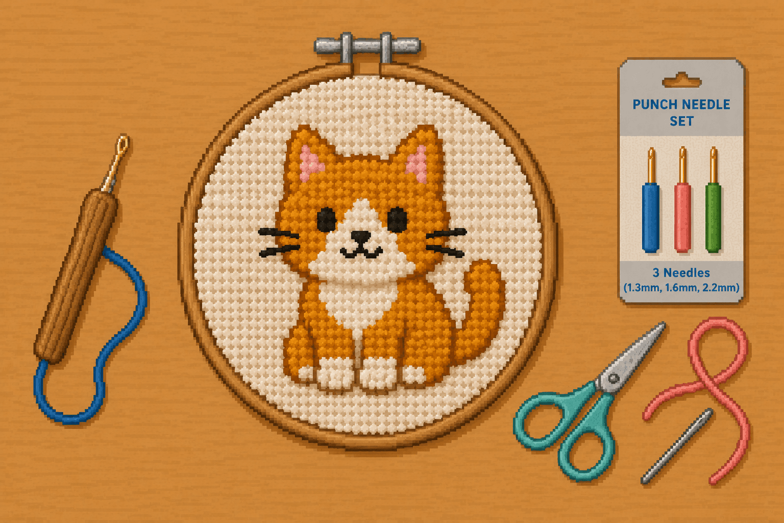 Pixel art punch needle setup with a finished looped yarn design and beginner tools.