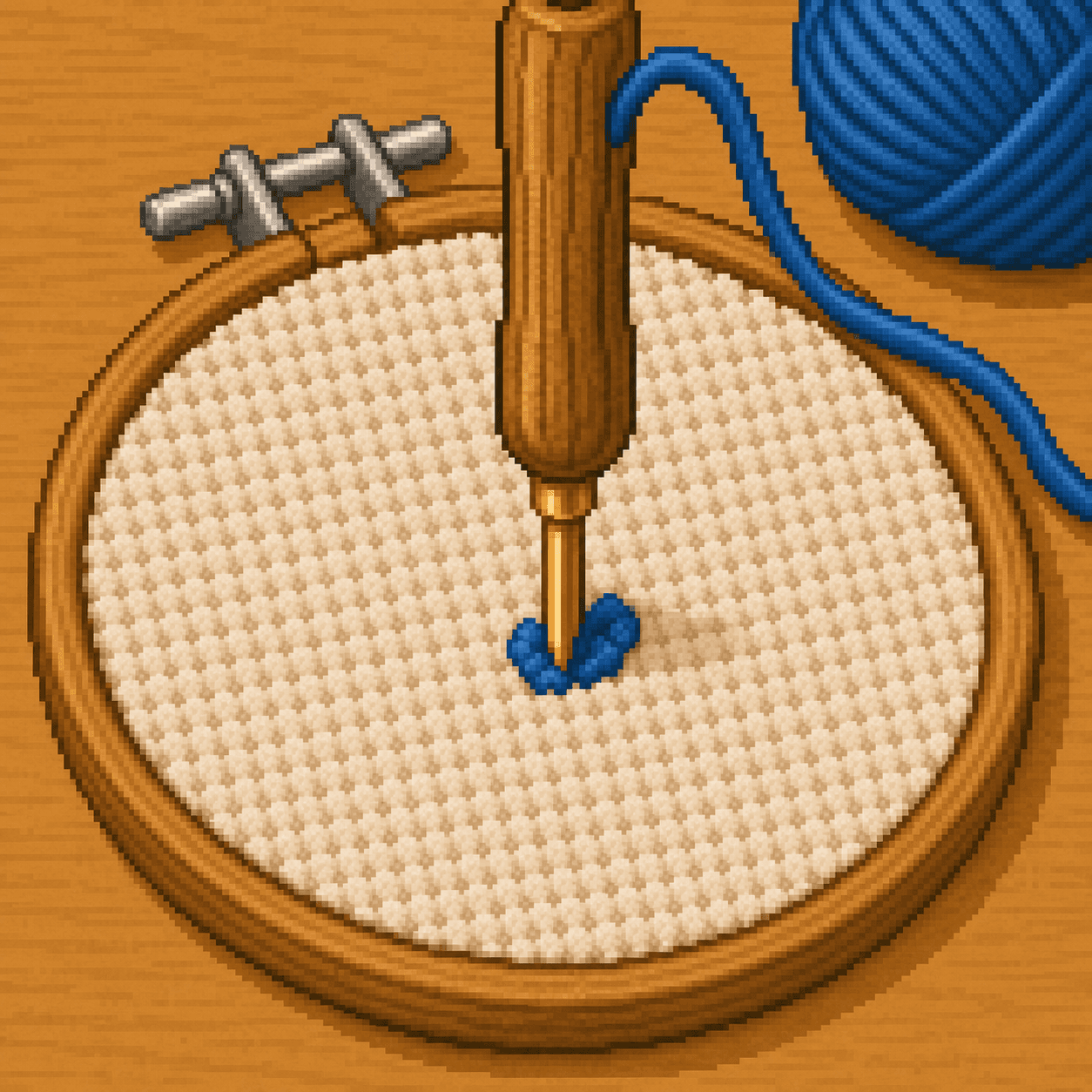 Pixel art punch needle inserted straight down into fabric stretched in a hoop.