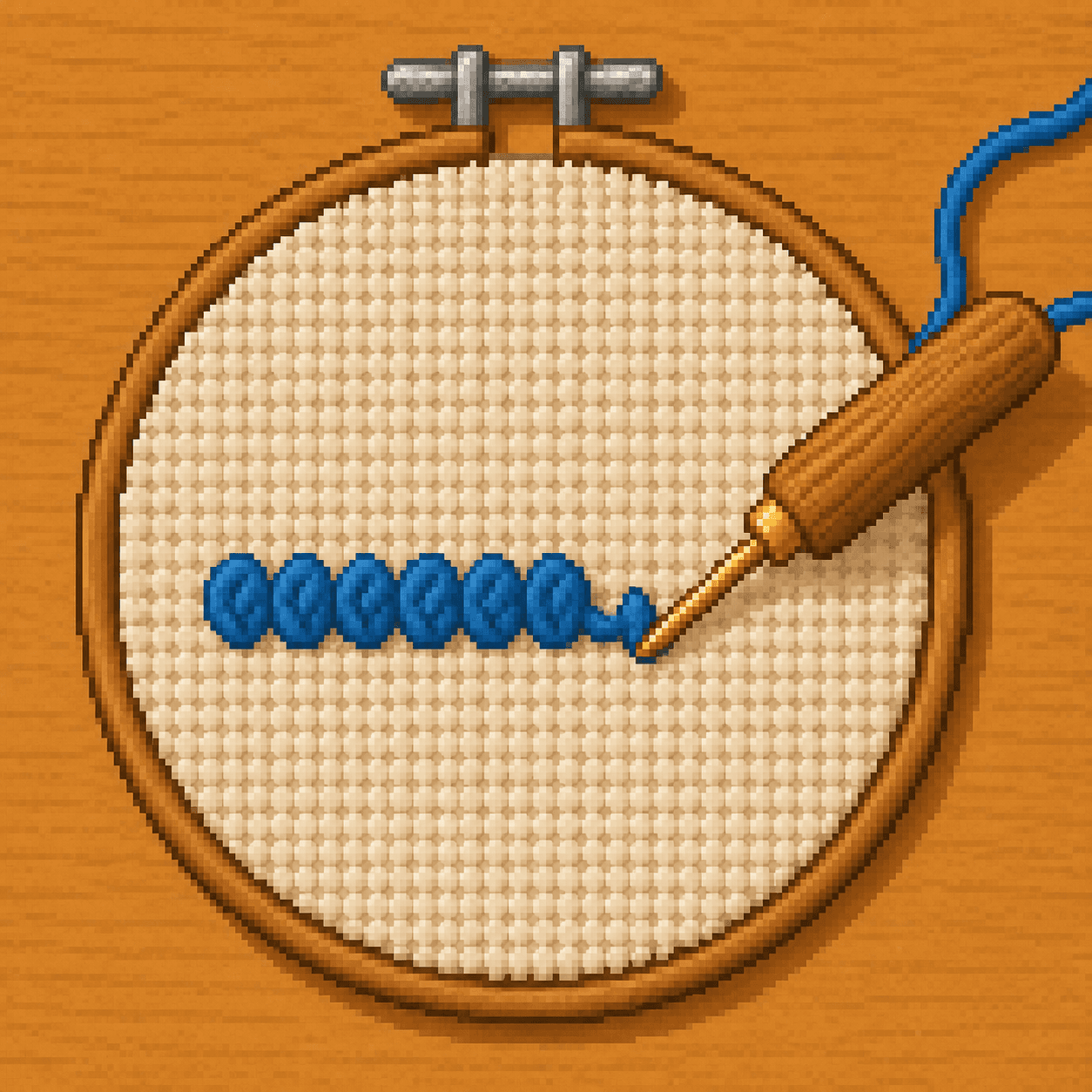 Pixel art punch needle tip skimming across fabric beside a row of blue loop stitches.