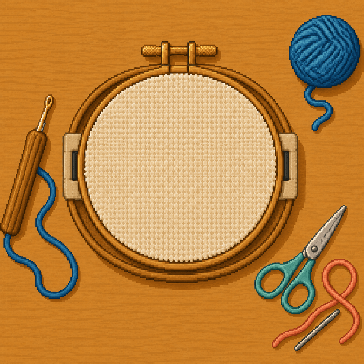 Pixel art cream punch needle fabric stretched tightly in a round wooden hoop.