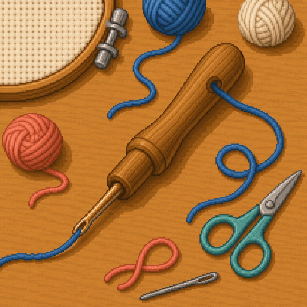 Pixel art blue yarn threaded through a wooden punch needle tool.