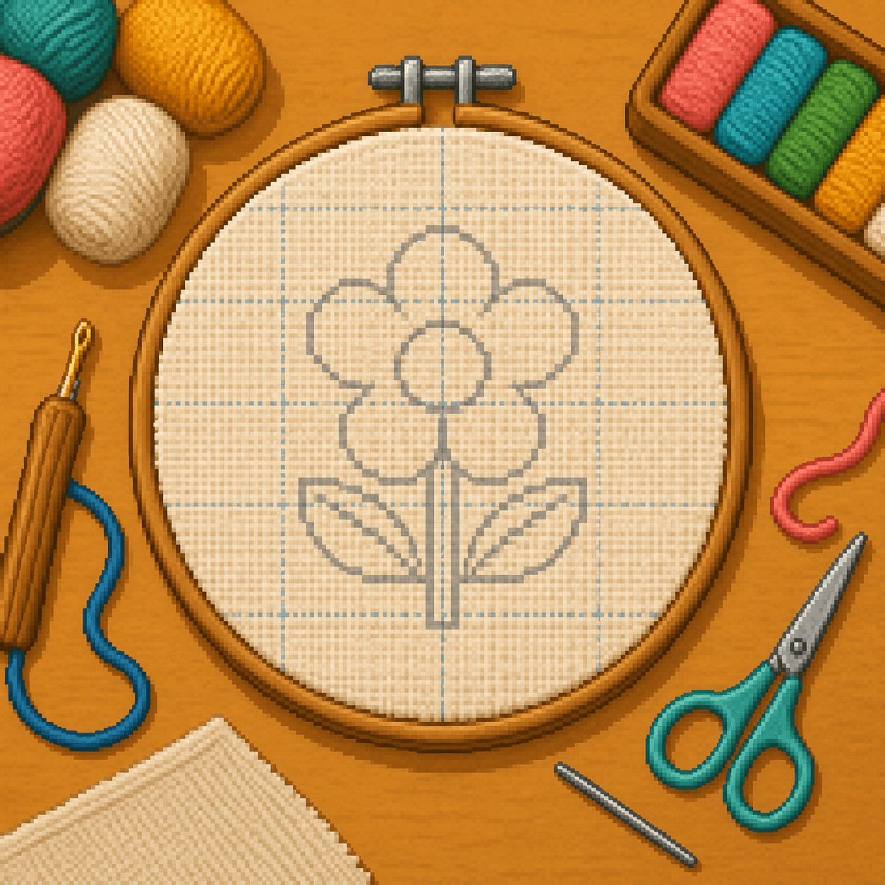 Pixel art flower pattern lightly transferred onto punch needle fabric in a hoop.