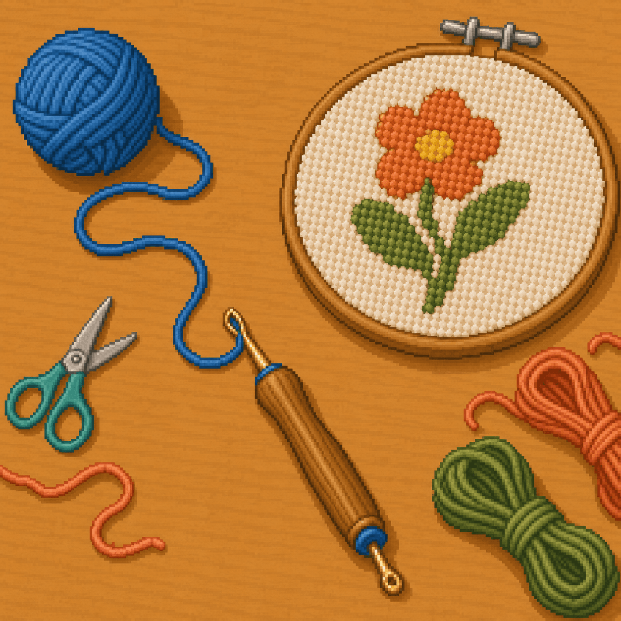 Pixel art loose blue yarn feeding smoothly into a wooden punch needle tool.