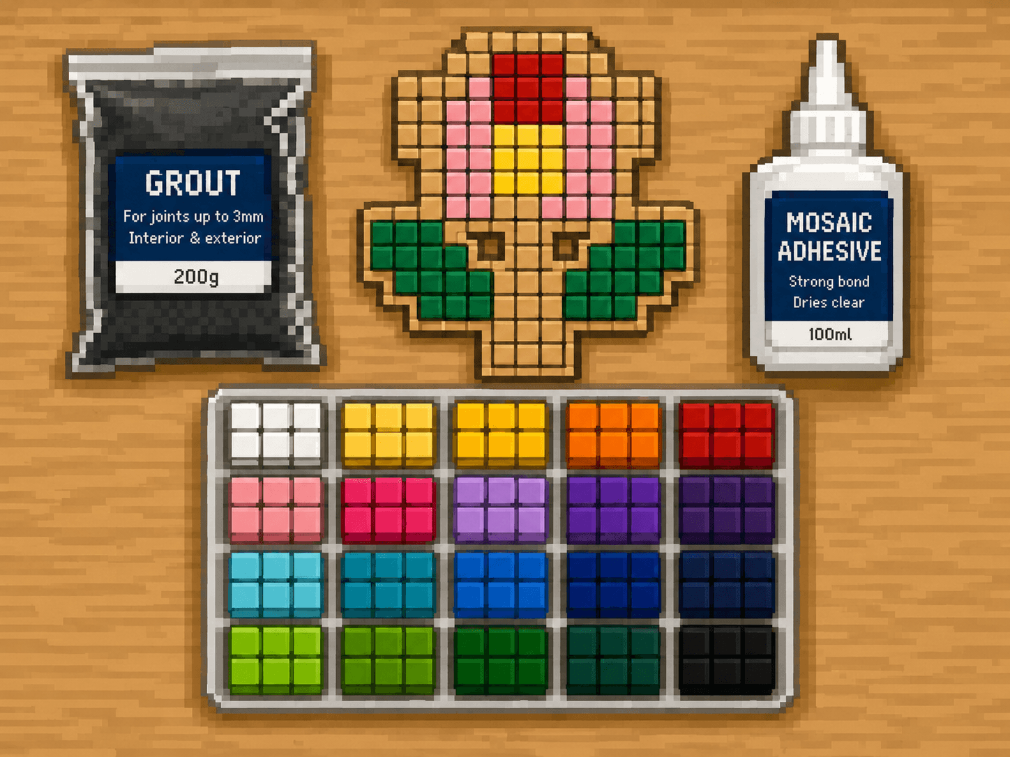 Mosaic tiles, grout, adhesive, tools, and flower pattern arranged on a tabletop