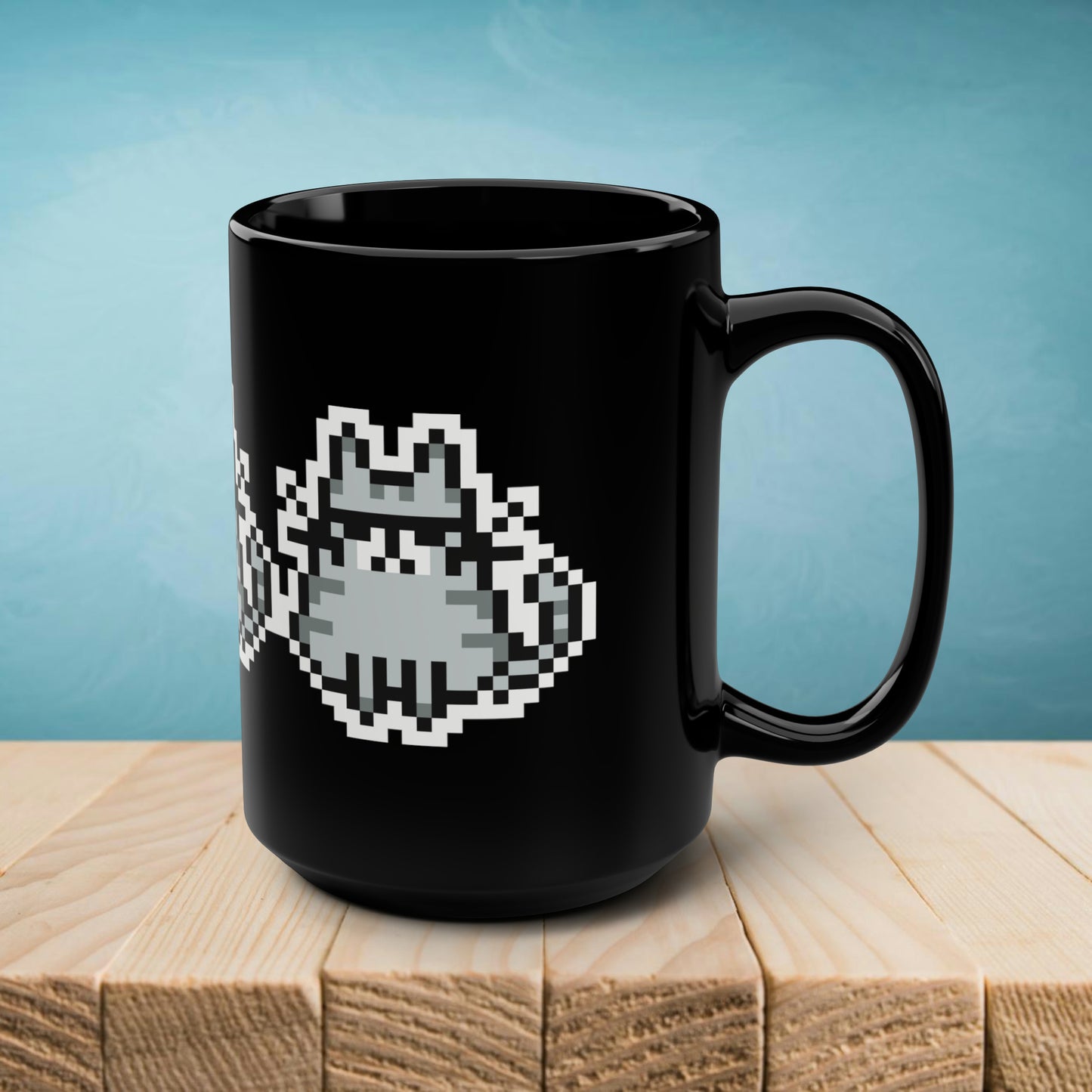 Quirky Trio Cat Pixel Art Design Coffee Mug, Black, Glossy Ceramic, 15 oz