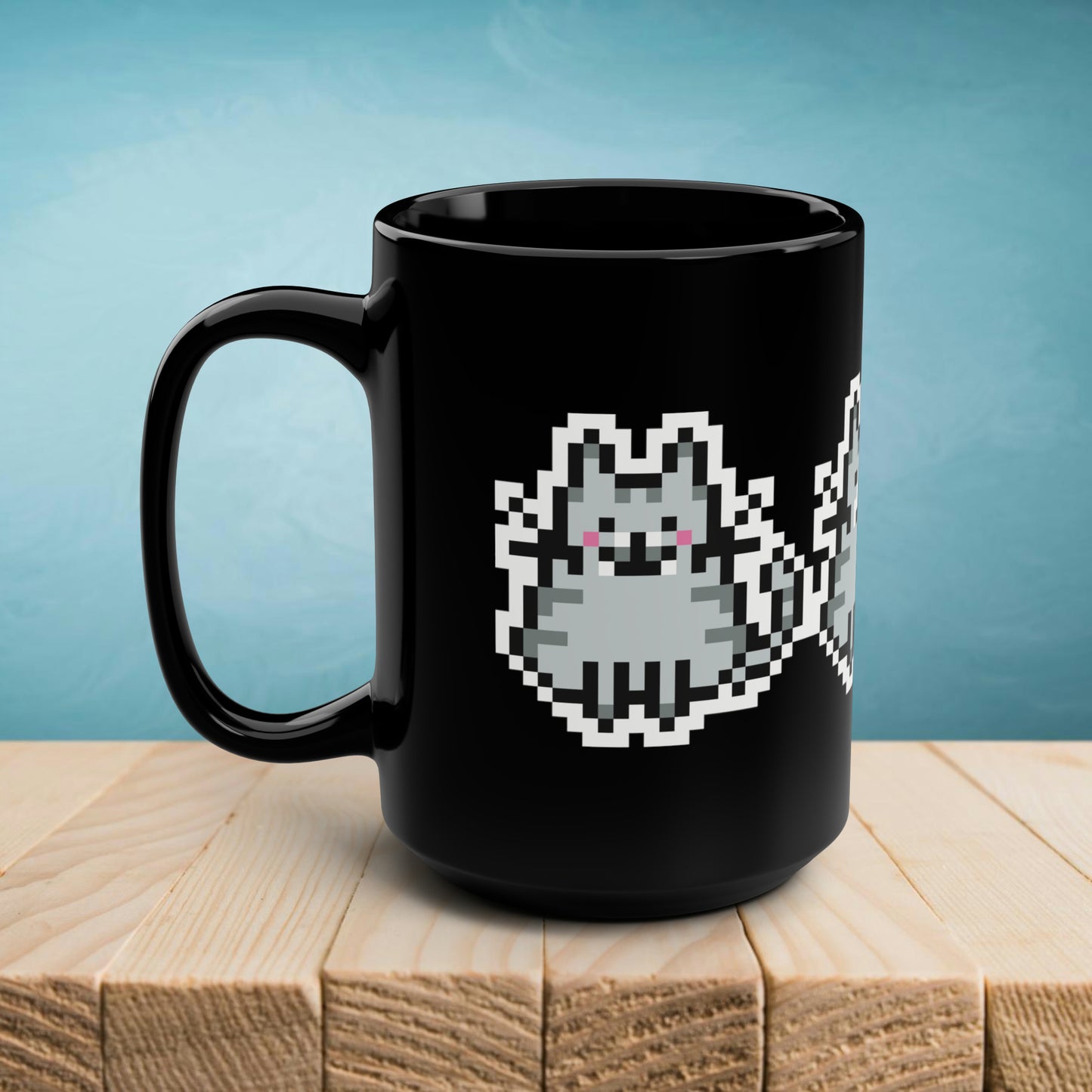 Quirky Trio Cat Pixel Art Design Coffee Mug, Black, Glossy Ceramic, 15 oz