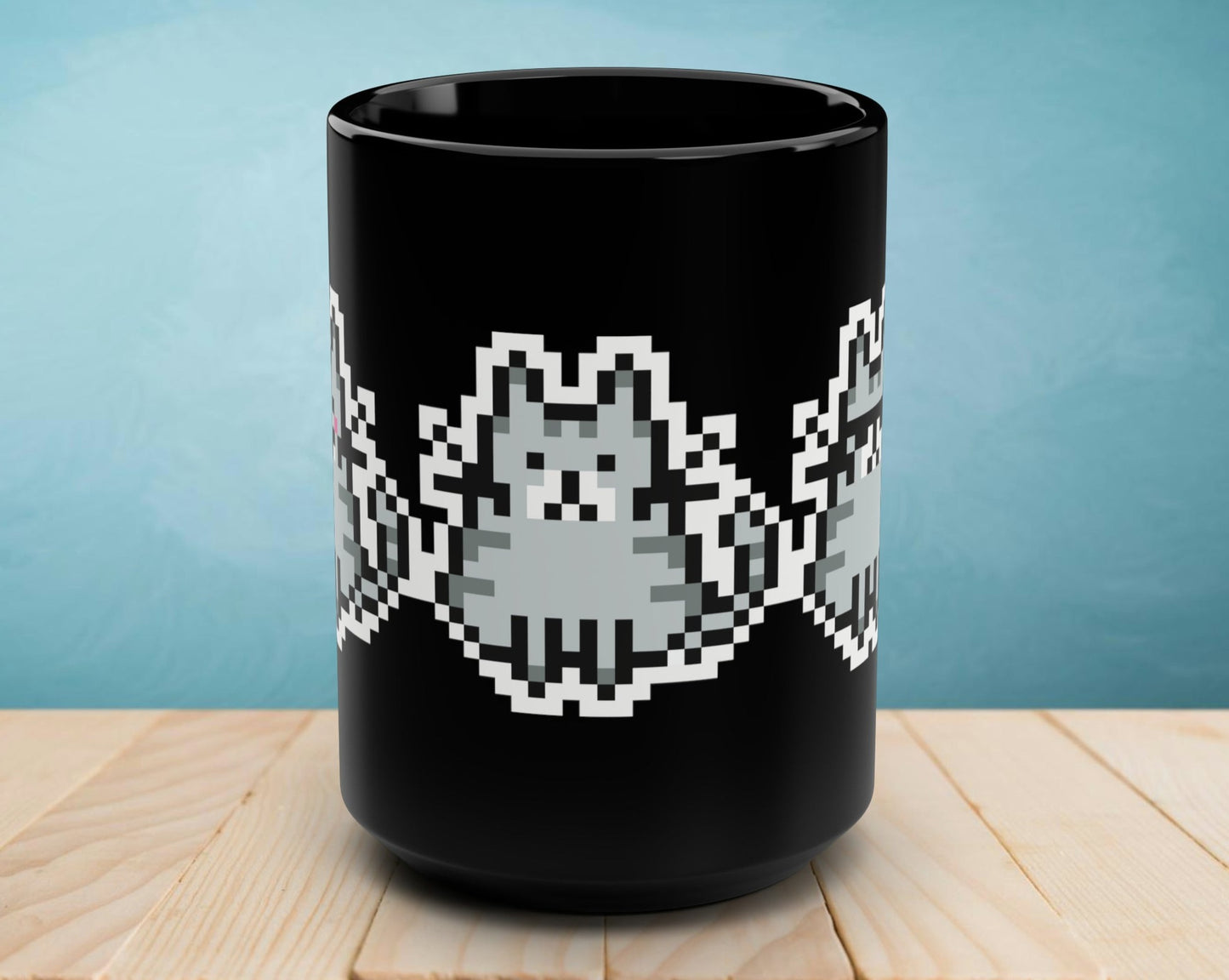 Quirky Trio Cat Pixel Art Design Coffee Mug, Black, Glossy Ceramic, 15 oz