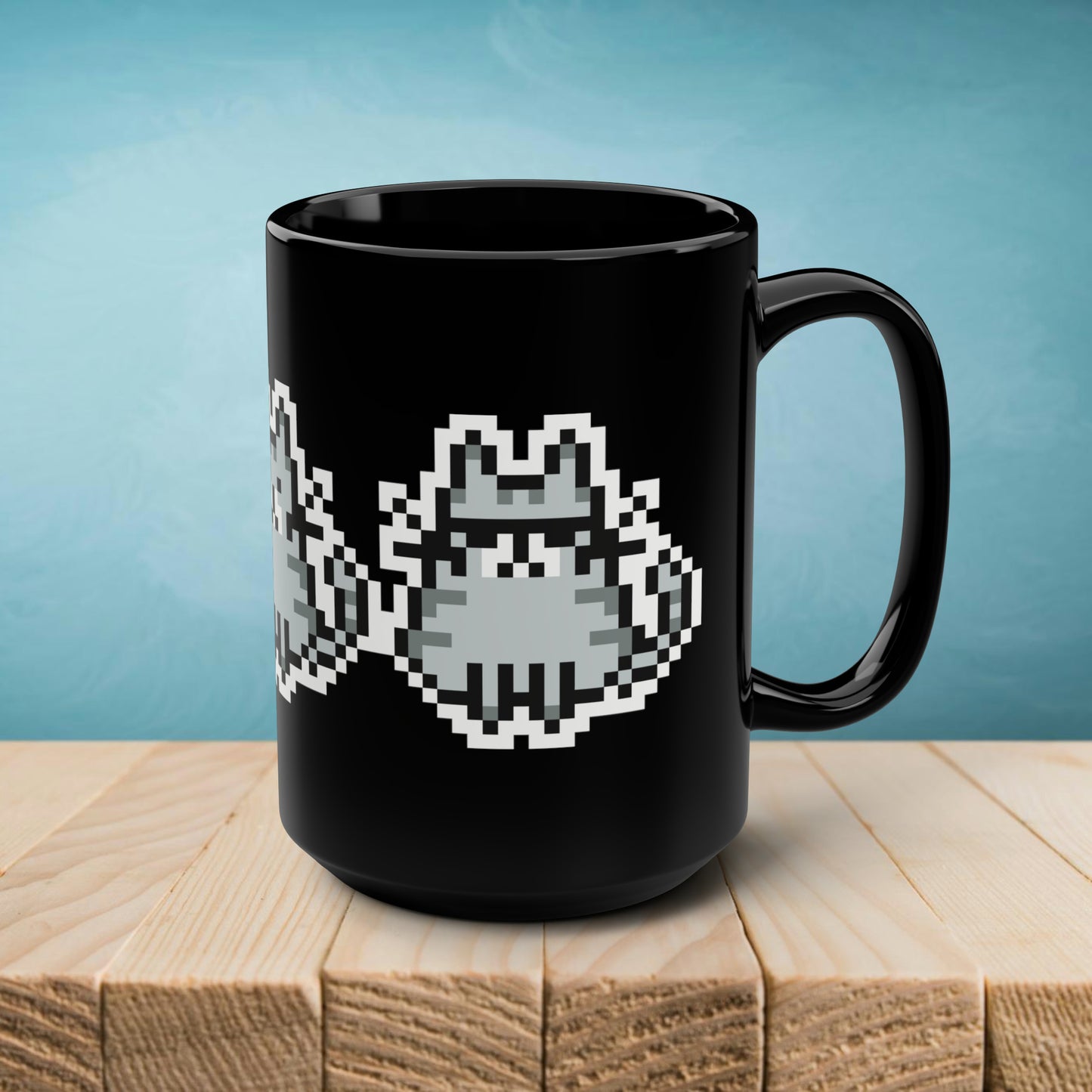 Quirky Trio Cat Pixel Art Design Coffee Mug, Black, Glossy Ceramic, 15 oz